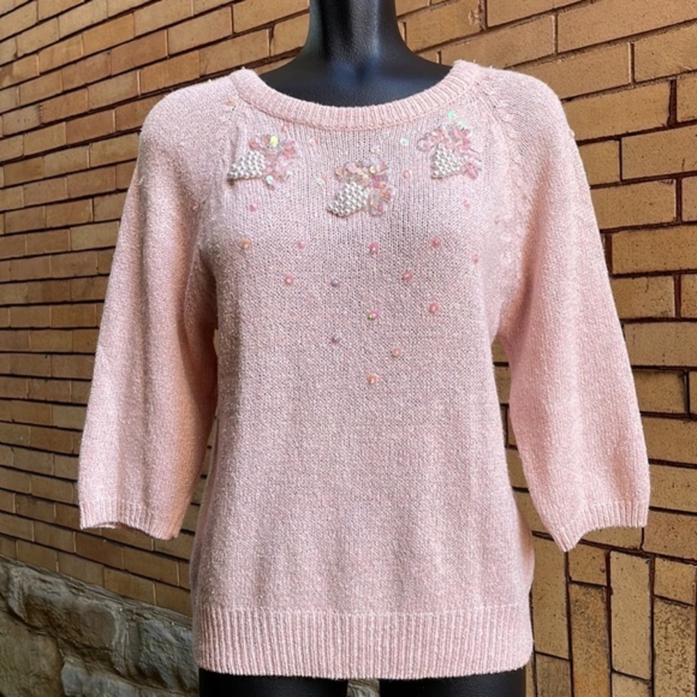 Vintage Rafferty Pink Pearl Sequin Embellished Silk Angora Sweater Size Medium